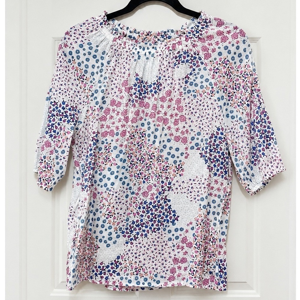 Cooper & Ella Floral Patchwork Blouse Small Blue Pink 3/4 Sleeve Keyhole Top